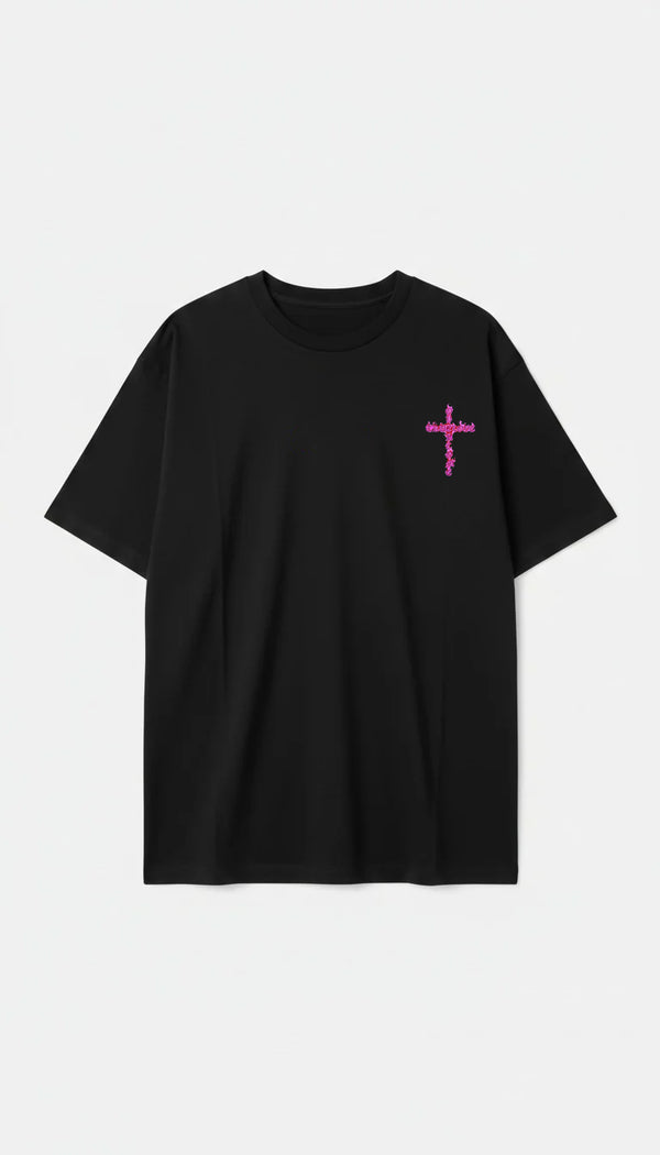Camiseta Oversized Overcome Fire Cross Preta/Pink-001