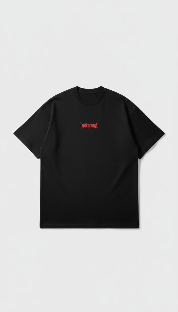 Camiseta Oversized Overcome Mini Famous Preta/Vermelha-001