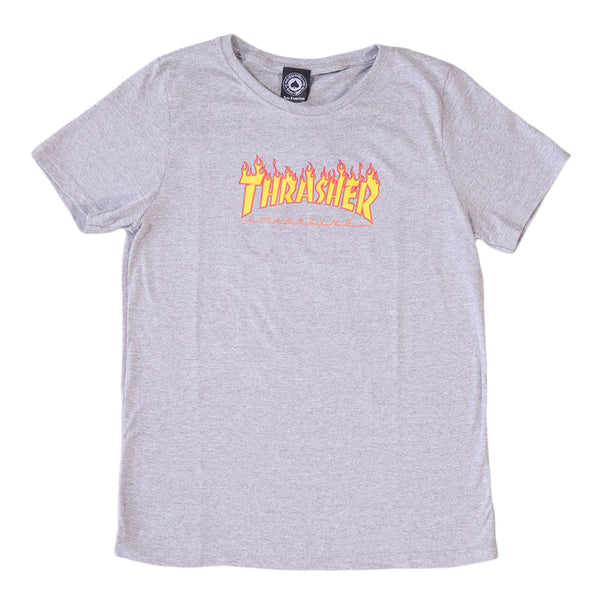 Camiseta Thrasher Feminina "Flame Logo" Cinza