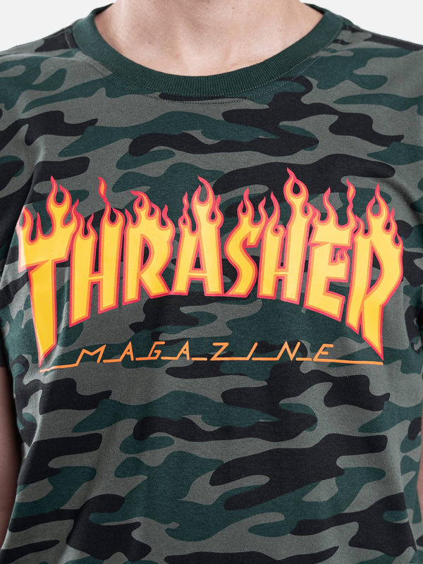 Camiseta Thrasher Flame Logo Camo Verde